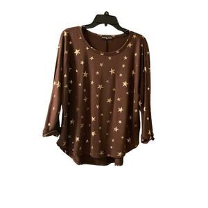 Kim & Cami‎ Blouse Top Women's L Brown Star Print Long Sleeve Crew Neck Ruffle